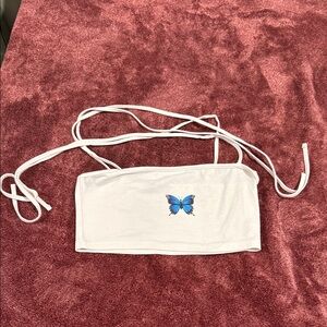 SHEIN White Tube Top with Blue Butterfly Accent